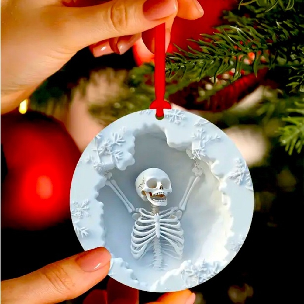 White Skeleton Snowflake Holiday Ornament with Red Ribbon